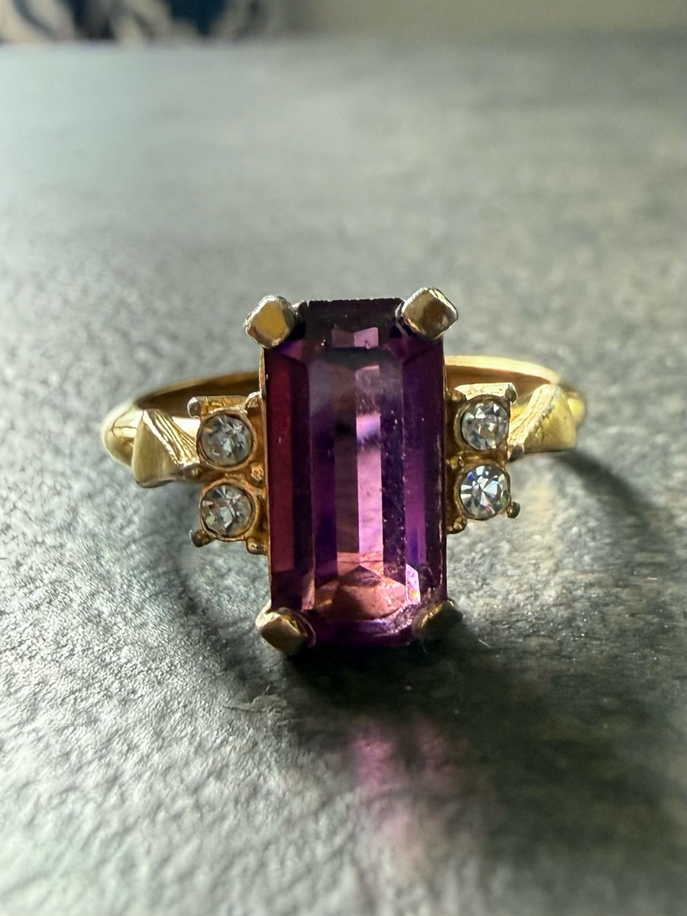 Vintage Avon Ring with Large Amethyst Rectangular Rhinestone and Clear Accents